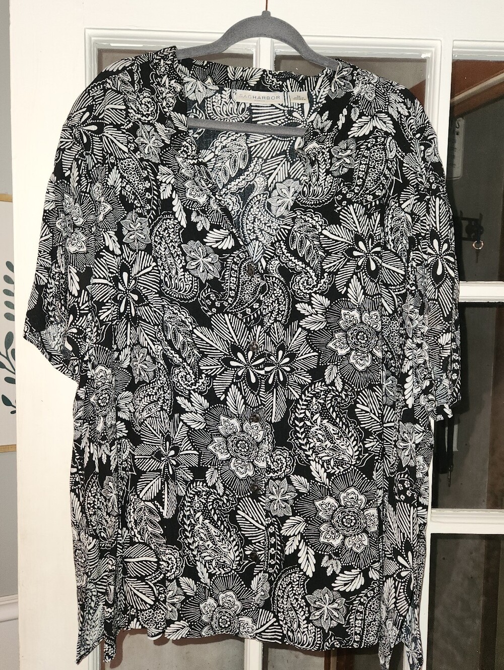 Sag Harbor Woman 3X Black White Paisley Floral 3/4 Sleeve Tunic Blouse